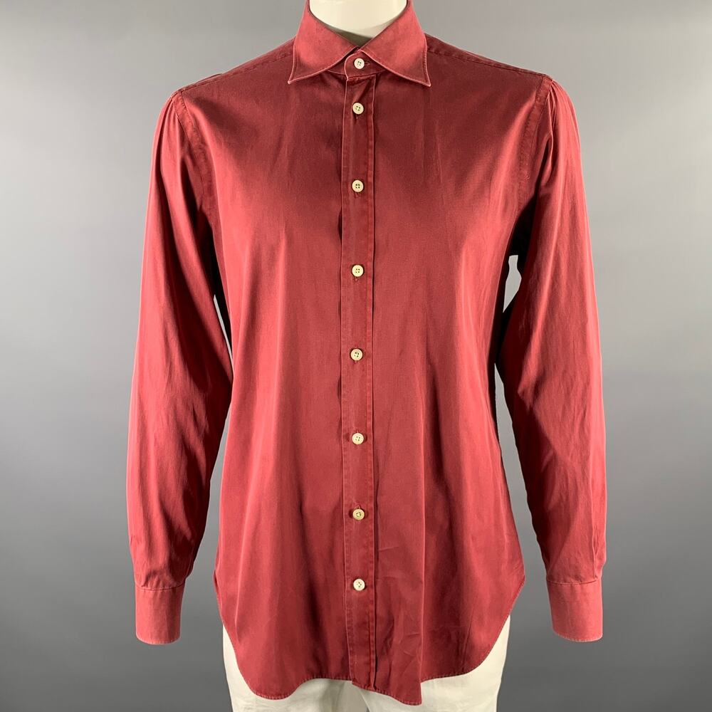 KITON Size XL Burgundy Twill Pointed Collar Long Sleeve Shirt
